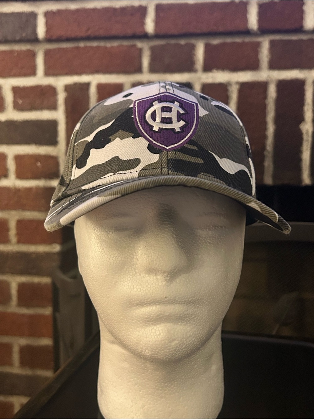 Gray Camo Baseball Cap with Purple Crest